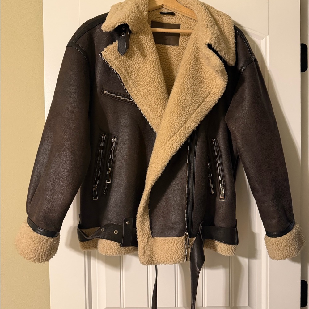 Zara Brown Leather Jacket with Cream Shearling